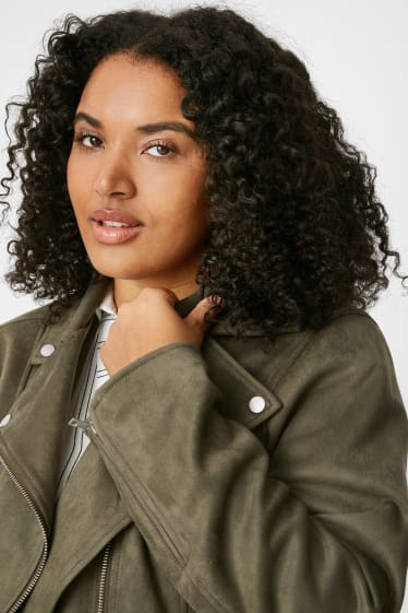 Women - Biker Jacket - Faux Suede - dark green