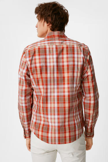 Heren - Overhemd - Slim Fit - Kent - geruit - rood / bruin
