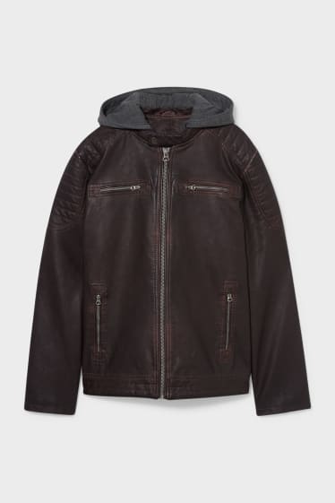 Men - Biker Jacket With Hood - Faux Leather - 2-In-1 Look - Colour espresso