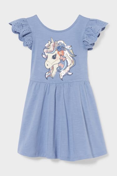 Dětské - Motiv jednorožce - šaty - s lesklou aplikací - modrá