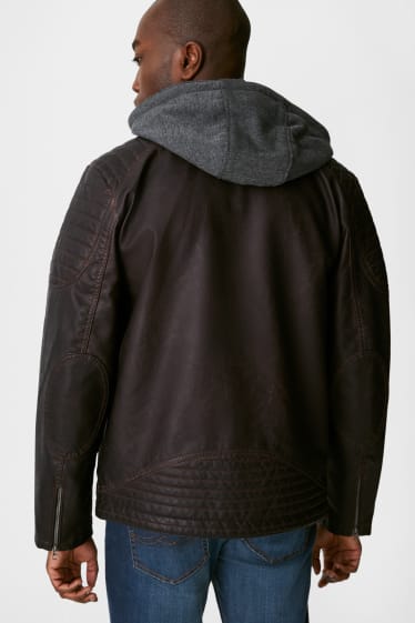 Men - Biker Jacket With Hood - Faux Leather - 2-In-1 Look - Colour espresso