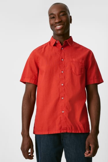Men - Shirt - regular fit - button-down collar - linen blend - dark orange