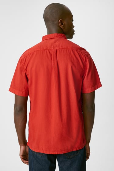 Men - Shirt - regular fit - button-down collar - linen blend - dark orange