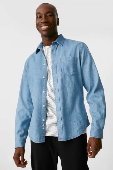 Men - Denim Shirt - Slim Fit - Kent Collar - blue denim