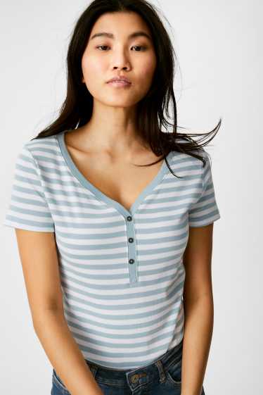 Women - Basic T-Shirt  - Striped - white / green