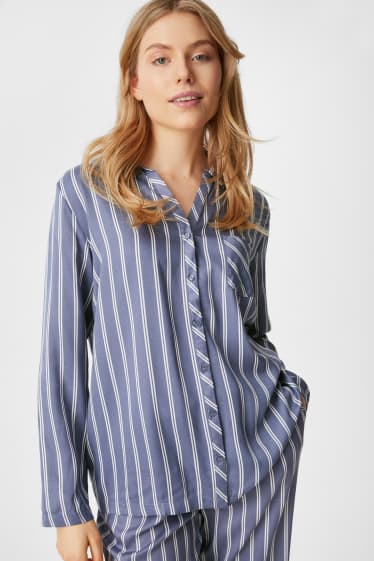 Damen - Pyjama-Oberteil - gestreift - blau  / cremefarben