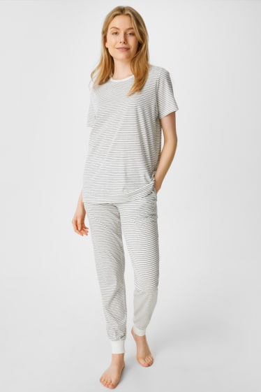 Damen - Pyjama - gestreift - dunkelgrau / weiß