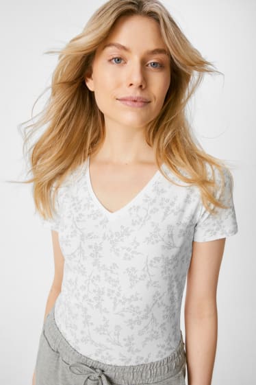 Damen - Multipack 2er - Basic-T-Shirt - geblümt - weiss / grau
