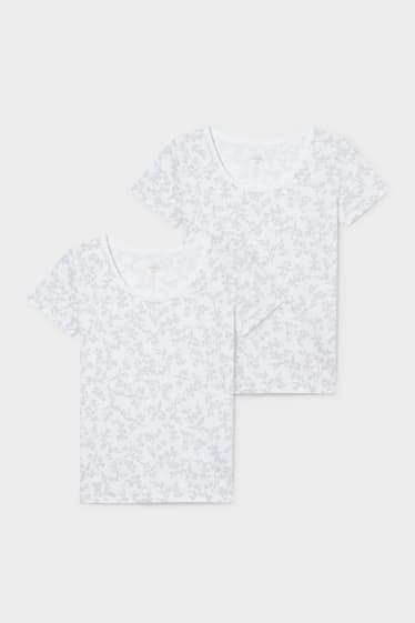 Damen - Multipack 2er - Basic-T-Shirt - geblümt - weiss / grau