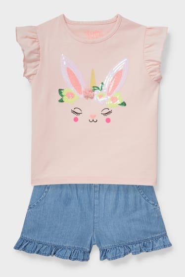 Dětské - Souprava - triko s krátkým rukávem a džínové šortky - růžová