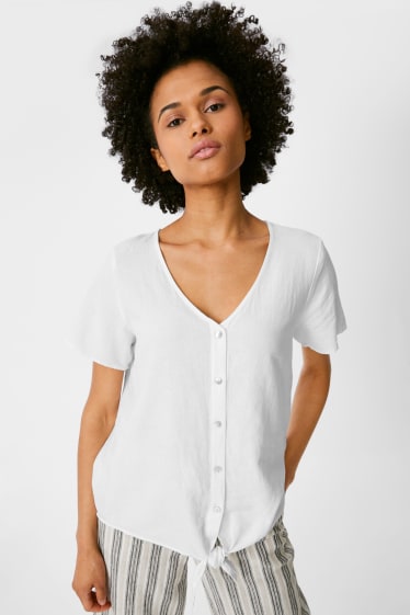 Damen - Bluse mit Knotendetail - Leinen-Mix - weiß