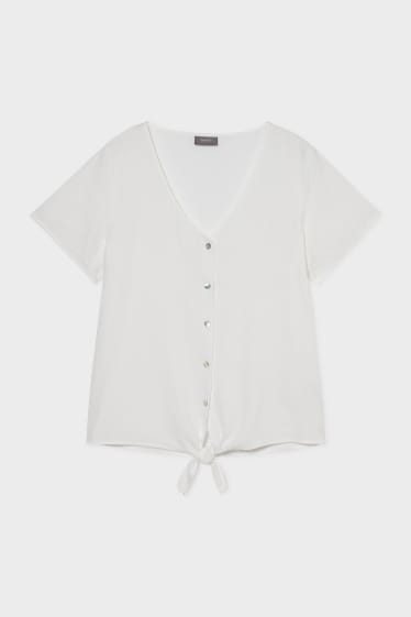 Damen - Bluse mit Knotendetail - Leinen-Mix - weiß