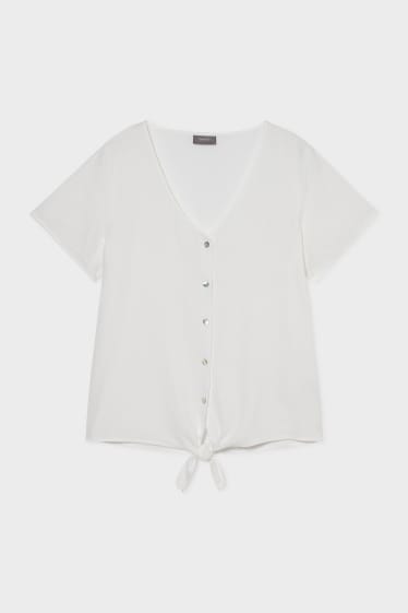 Women - Blouse With Knot Detail - linen blend - white