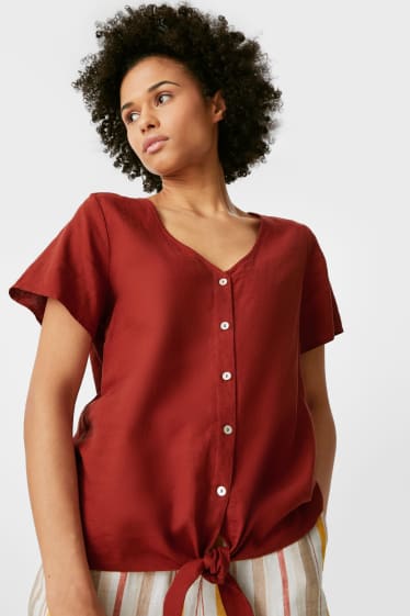 Women - Blouse With Knot Detail - linen blend - dark red