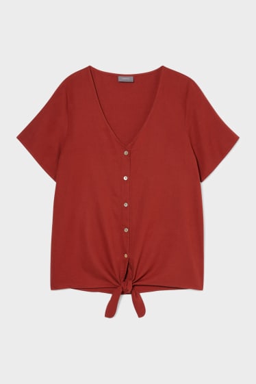 Damen - Bluse mit Knotendetail - Leinen-Mix - dunkelrot