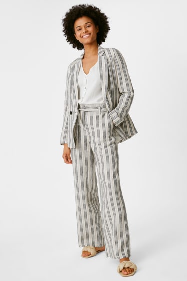 Women - Linen Trousers - striped - white / black