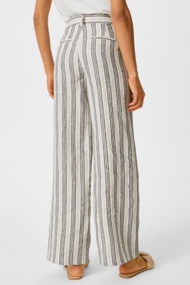 Women - Linen Trousers - striped - white / black