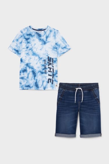 Children - Set - short sleeve T-shirt and denim Bermudas - 2 piece - blue / white