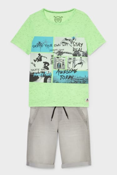 Dzieci - Zestaw - koszulka z krótkim rękawem i bermudy - 2 części - zielony neonowy