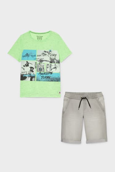 Dětské - Souprava - triko s krátkým rukávem a bermudy - 2dílná - neonově zelená