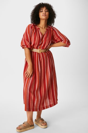 Women - Dress - linen blend - striped - red