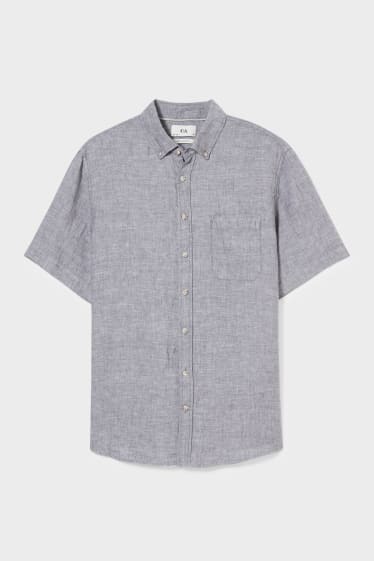 Pánské - Lněná košile - Regular Fit - Button-Down - šedá-žíhaná