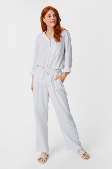 Damen - Pyjamahose - Leinen-Mix - gestreift - weiß / grau
