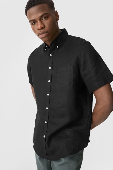 Heren - Linnen overhemd - regular fit - button down - zwart