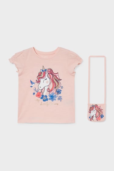 Kinder - Set - Kurzarmshirt und Umhängetasche - 2 teilig - rosa