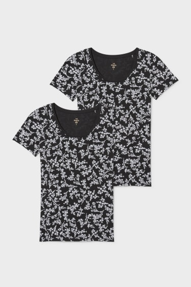 Dames - Set van 2 - basic-T-shirt - gebloemd - zwart / wit