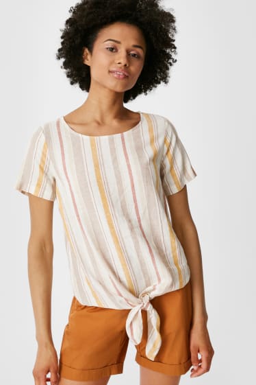Damen - Bluse mit Knotendetail - Leinen-Mix - gestreift - cremefarben