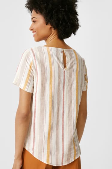 Damen - Bluse mit Knotendetail - Leinen-Mix - gestreift - cremefarben
