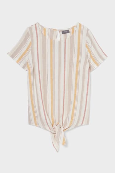 Women - Blouse with knot detail - linen blend - striped - creme