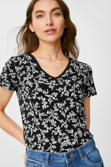 Damen - Multipack 2er - Basic-T-Shirt - geblümt - schwarz / weiß