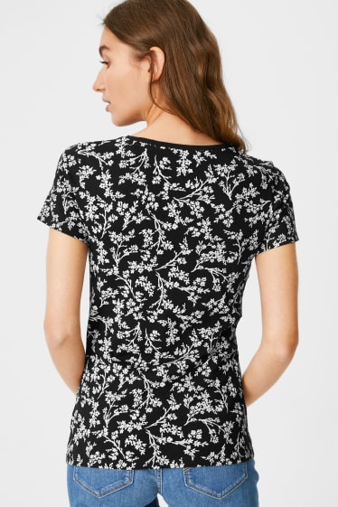 Damen - Multipack 2er - Basic-T-Shirt - geblümt - schwarz / weiß