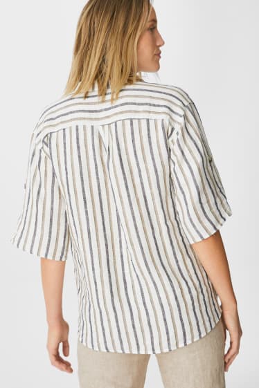 Women - Linen Blouse - striped - white / blue