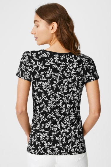 Dames - Basic-T-shirt - gebloemd - zwart / wit