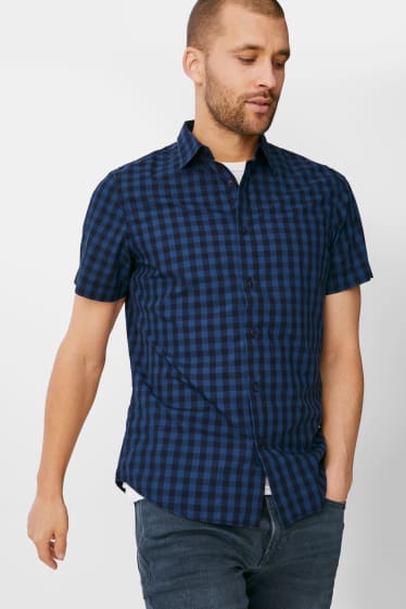 Heren - Overhemd - slim fit - Kent - geruit - blauw / donkerblauw