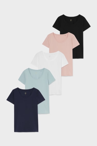 Damen - Multipack 5er - Basic-T-Shirt - schwarz
