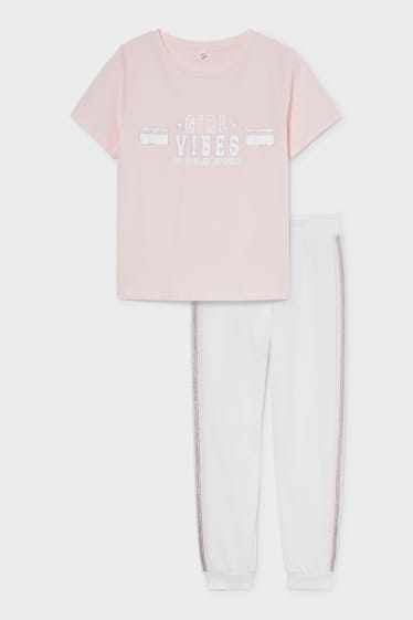Dětské - Souprava - triko s krátkým rukávem a teplákové kalhoty - 2dílná - s lesklou aplikací - bílá/růžová