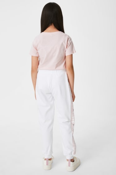 Dětské - Souprava - triko s krátkým rukávem a teplákové kalhoty - 2dílná - s lesklou aplikací - bílá/růžová