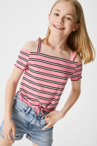 Kinderen - T-shirt met geknoopt detail - biokatoen - gestreept - roze