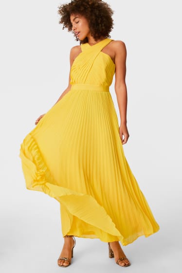 Damen - Column Kleid - festlich - plissiert - gelb