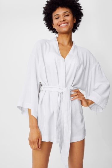 Donna - Kimono - misto lino - a righe - bianco / grigio