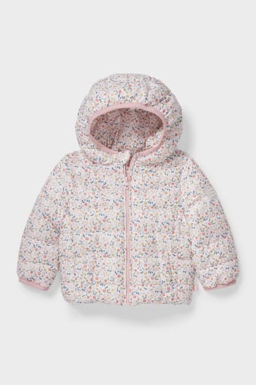 Niemowlęta - Pikowana kurtka niemowlęca z kapturem - kwiatki - biały / jasnoróżowy