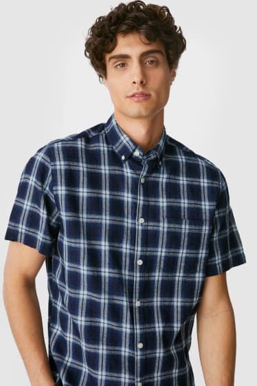 Men - Shirt - slim fit - button-down collar - linen blend - check - dark blue