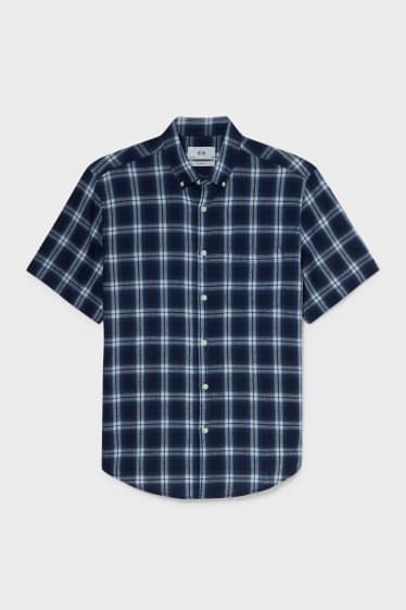 Men - Shirt - slim fit - button-down collar - linen blend - check - dark blue