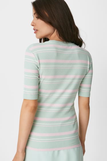Dames - T-shirt - geribd - gestreept - groen / roze