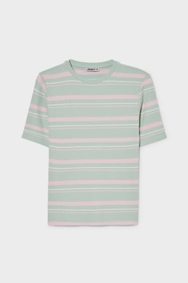 Donna - T-shirt - a coste - a righe - verde / rosa