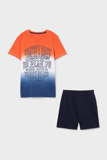 Kinder - Shorty-Pyjama - orange / dunkelblau